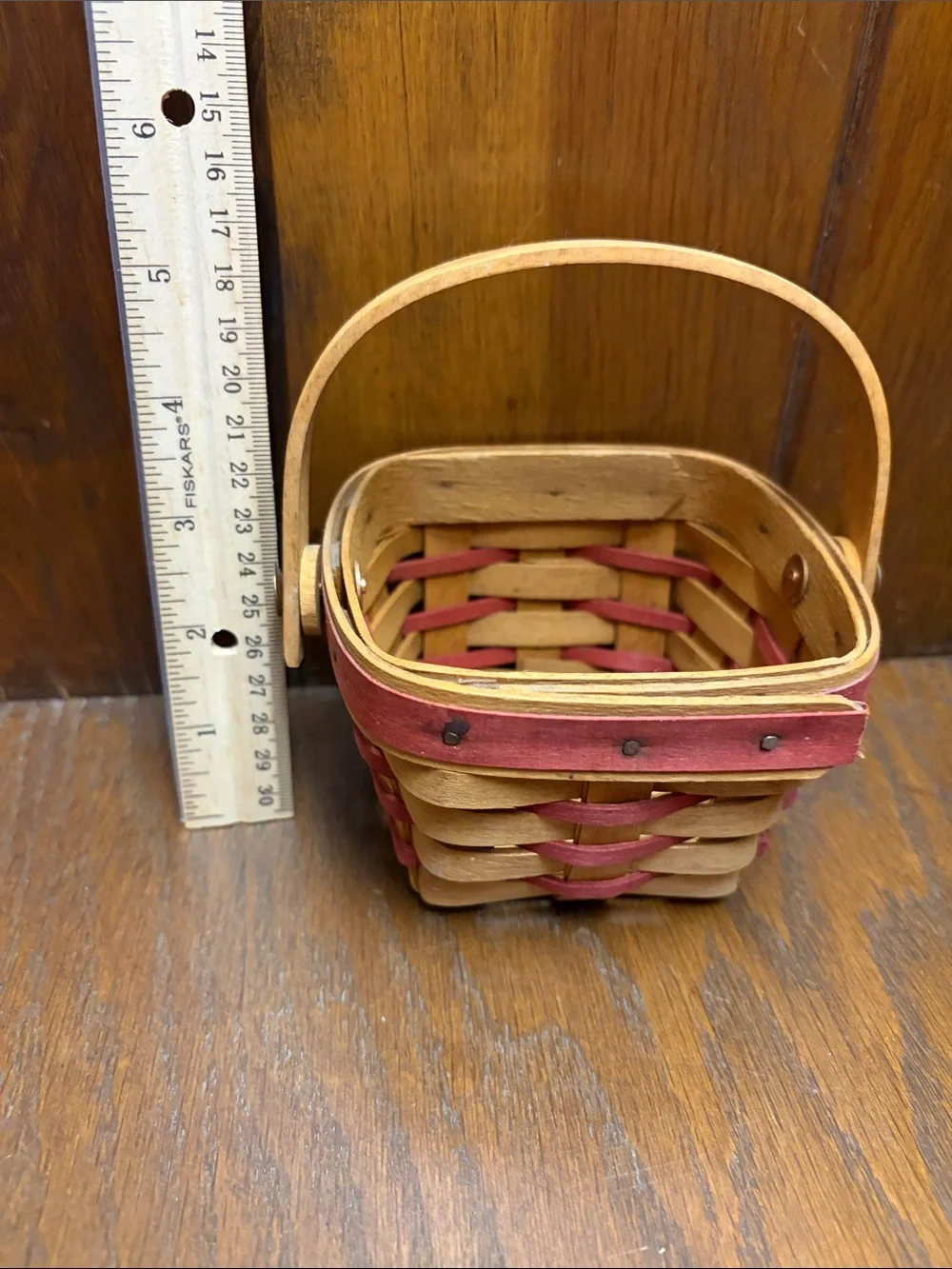 Handwoven Small Longaberger Basket with Handle - Natural Wood and Red Accent